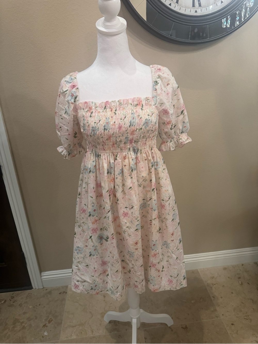 Abercrombie & Fitch Pink Cream Floral Smocked Puff Sleeve Dress